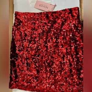 Maner Red Sequin Mini Skirt – Vibrant, High-Shine Party Wear Size L